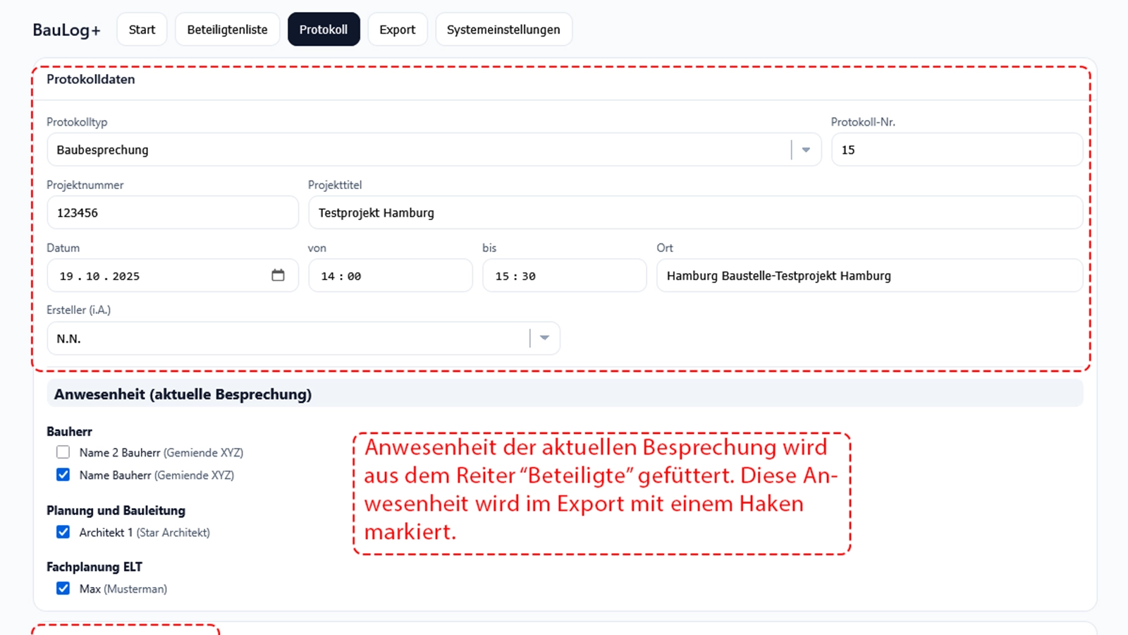 BauLog – Protokollpunkte