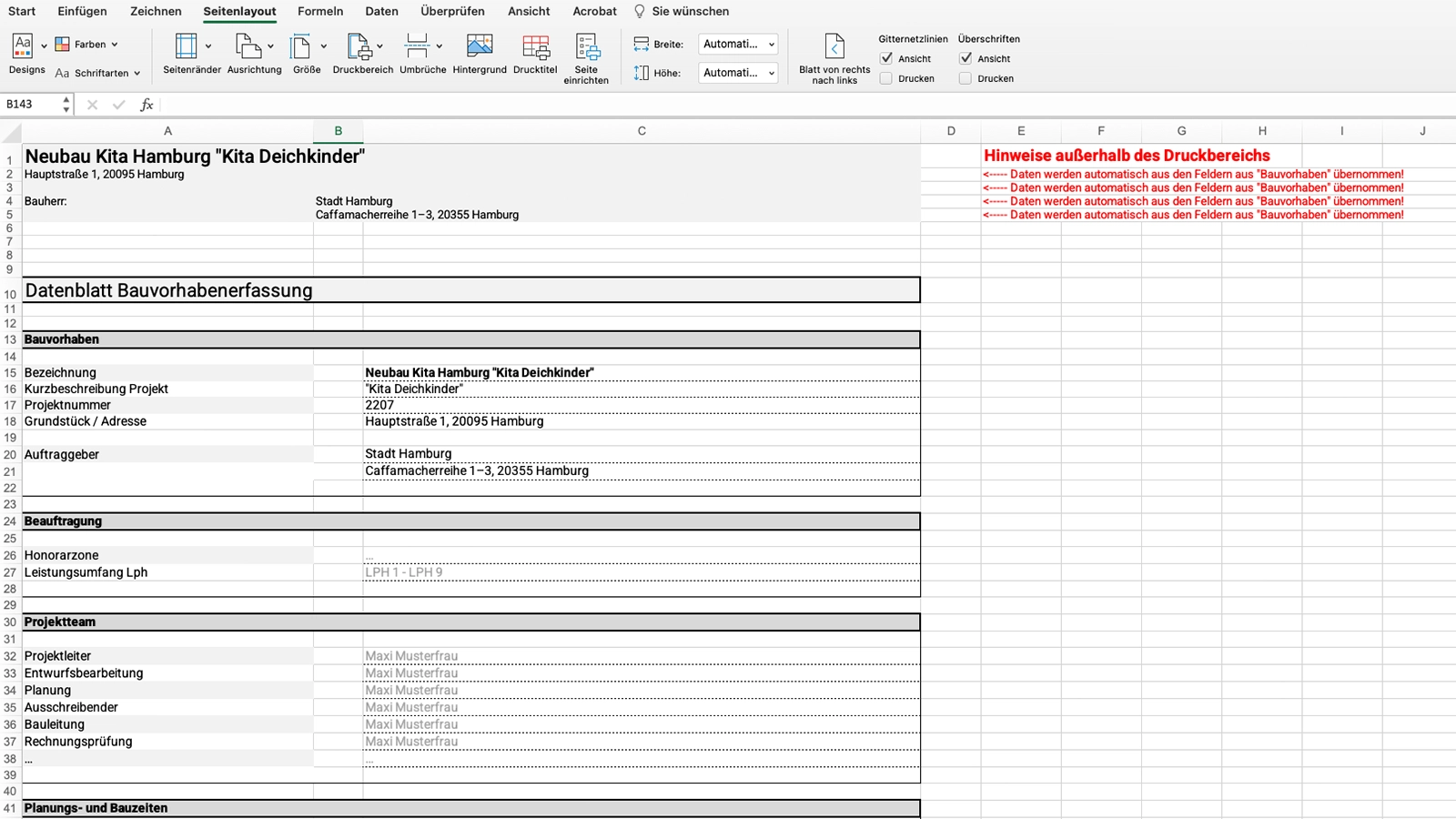 Bauvorhabenerfassung – Excel-Ansicht