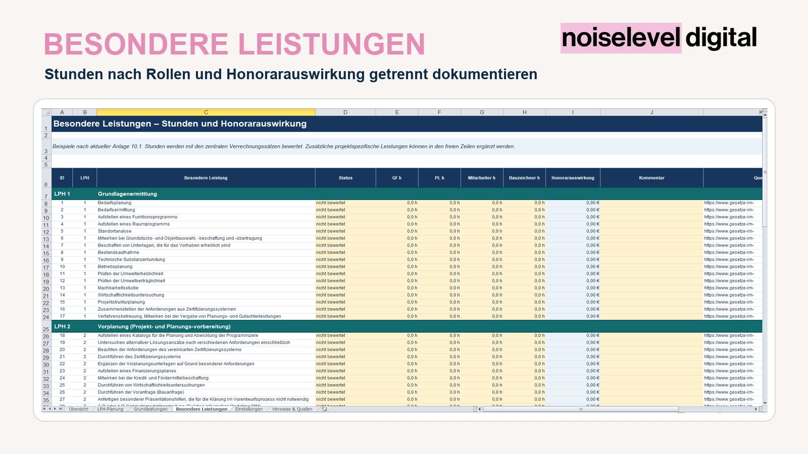 HOAI Projekt- und Stundenplaner – besondere Leistungen