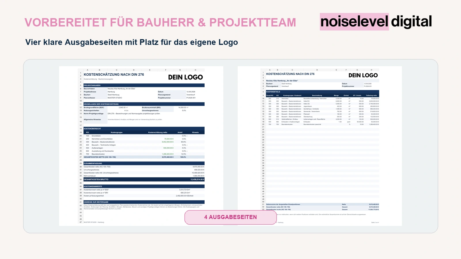 Vorbereitete Ausgabeseiten für Bauherr und Projektteam
